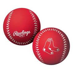 two red baseballs with logos on them