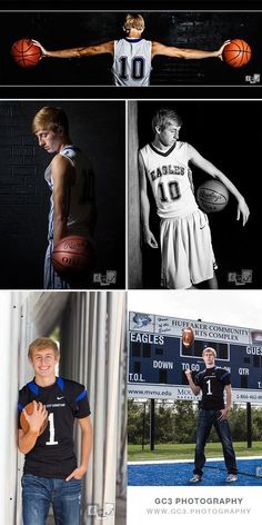 four different shots of men in sports uniforms and basketballs, one with the number ten on his shirt