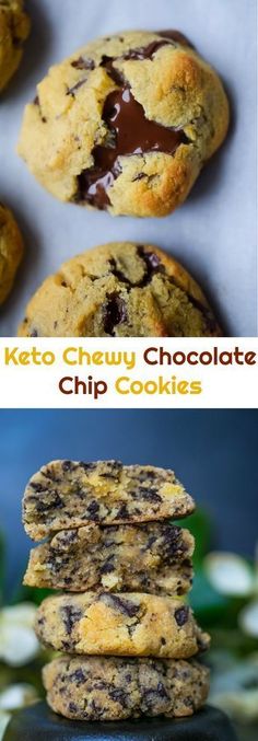 chocolate chip cookies stacked on top of each other with the words keto chewy chocolate chip cookies