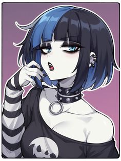 an anime character with blue hair and piercings on her head, wearing a black top
