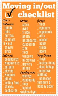the moving in / out checklist is shown on an orange and white background with words