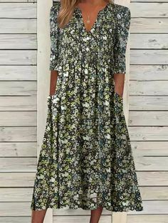 Women's Spring Summer Dress V-Neck Floral Print Vintage A Line Midi Dresses Beach Dresses Casual, Alledaagse Outfits, Casual Dresses Plus Size, Floral Dress Casual, Green Midi Dress, Spring Summer Dress, Long Sleeve Midi, Cheap Fashion, Woven Dress