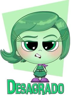 a cartoon girl with green hair and big eyes is looking at the camera while she says desagrado