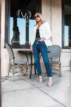 Affordable White Blazer, Fashion blogger Erin Busbee of Busbee Style wearing a white double breasted blazer, mom jeans, black puff shoulder bodysuit, and python sandals from Express in west Texas White Double Breasted Blazer, Work From Home Style, Blazer Styling, Erin Busbee, Super High Waisted Jeans, Outfits With Jeans, Edgy Leather Jacket, Busbee Style