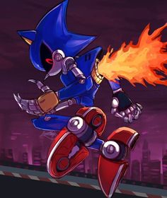 sonic the hedgehog in action with fire coming out of his mouth and holding on to it's leg