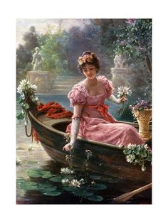 a painting of a woman in a boat with flowers