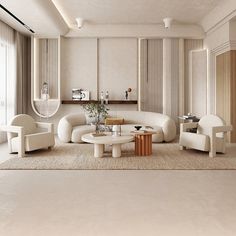 a living room filled with white furniture and lots of windows