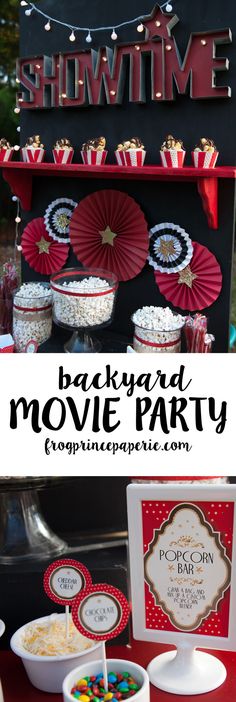 the back yard movie party is ready to be filled with popcorn, candy and other treats