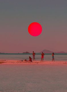 four people standing on the beach watching the sun go down