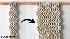 two pictures showing how to make a macrame wall hanging on a wooden frame