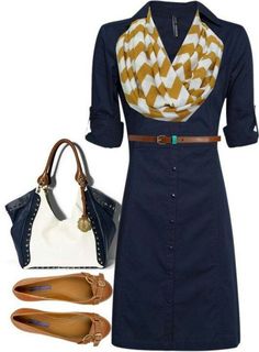 Love dress, flats, scarf, belt Navy