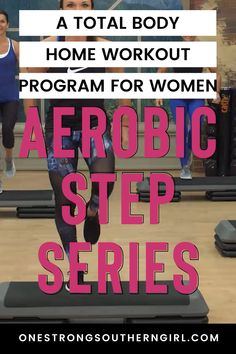 a woman standing on a treadmill with the words aeroic step series in front of her