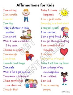 affirmmations for kids worksheet with pictures and words to describe them