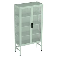 a white metal cabinet with glass doors