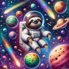 a painting of a slotty in space surrounded by planets