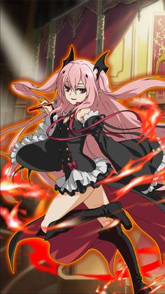 an anime character with pink hair and black clothes