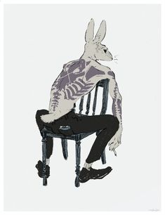 a drawing of a person sitting in a chair with a rabbit on it's back