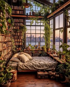 a bedroom with lots of plants and bookshelves