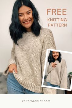 a woman wearing a knitted sweater with the text free knitting pattern on it and an image of her smiling