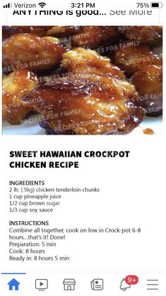 the recipe for sweet hawaiian crockpot chicken is shown in this brochure