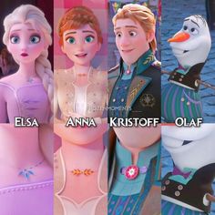 the characters from frozen princesses are shown in this composite image with captioning below