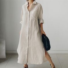 Season:Summer,Fall,Winter,Autumn,Spring; Fabric:Polyester; Sleeve Length:Half Sleeve,Long Sleeve; Look After Me:Machine wash,Hand wash; Gender:Women's; Size Suggestion:select one size larger than usual; Style:Casual,Mature; Elasticity:Micro-elastic; Occasion:Vacation,Holiday,Daily,Going out,Weekend,Fall Dress,Winter Dress; Fit Type:Loose Fit; Dresses Type:Shift Dress,Linen Dress,Shirt Dress,Casual Dress; Pattern:Pure Color; Design:Split,Zipper,Button,Pocket,Button Up; Neckline:Shirt Collar; Fly Loose Shirt Dress, Linen Dress Women, Maxi Shirts, Plain Dress, Linen Shirt Dress, Dress Linen, Maxi Robes, Hem Design, Maxi Shirt Dress