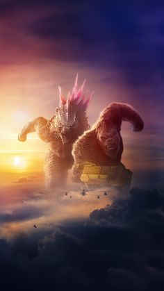 two godzillas standing in the clouds at sunset