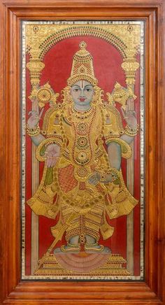 an ornate painting on the wall in a wooden frame