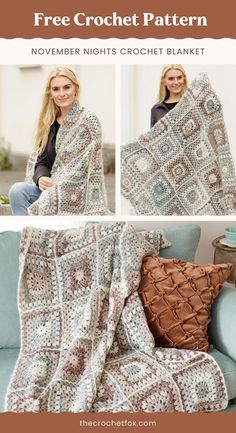 a woman sitting on a couch with a crocheted blanket over her shoulder and the text, free crochet pattern november nights crochet blanket