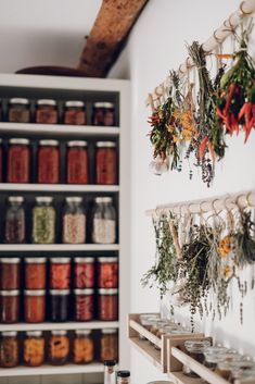 spices and herbs are hanging on the wall next to shelves full of jars, spoons and other items