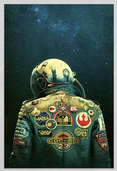 the back of an astronaut's jacket with patches on it and stars in the background