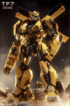 a yellow and black robot standing on top of a pile of rubble in the air