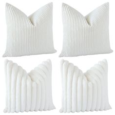 three white pillows and one pillow with pleated edges are shown in four different angles