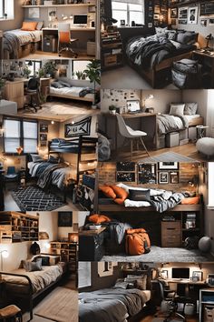 multiple pictures of different types of beds and desks