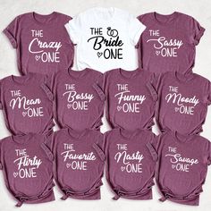 the bride and groom shirts are arranged in rows, all with different font styles on them