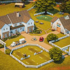 an artist's rendering of a farm with horses, trucks and houses in the background