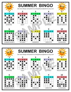 the printable summer bingo game is shown in two different colors and numbers, each with an