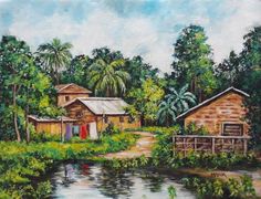 an oil painting of a village by the river with palm trees and other houses in the background