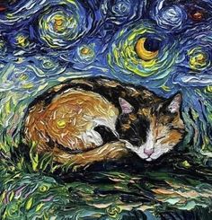 a painting of a cat sleeping on top of a grass covered field with stars in the background