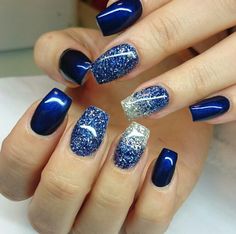 Winter Nail Short Nails, Short Square Gothic Nails, Shellac Nail Designs Winter, Christmas Gel Nails Blue, Med Length Nail Designs, Opal Blue Nails, Blue Dipped Nails Ideas, My Saved Pins Boards, Blue And Silver Gel Nails