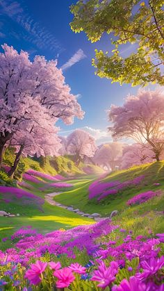 the sun shines brightly through the trees and flowers in this beautiful landscape with pink flowers