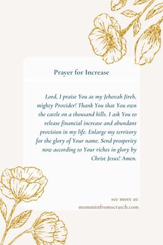 a card with flowers and the words prayer for increase in gold foil on it