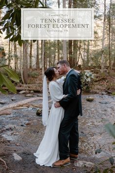 a bride and groom kissing in the woods with text overlay that reads tennessee forest elopement