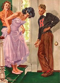 an old fashion magazine cover shows a man standing next to a woman in a dress