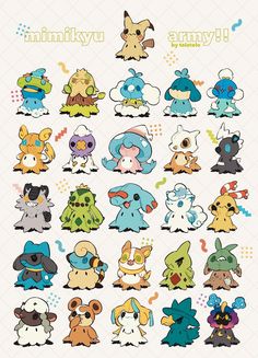 the pokemon characters are all different colors and sizes