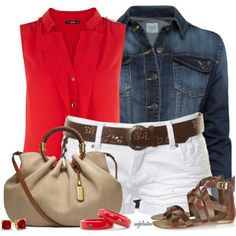 . Polyvore Outfits, White Shorts Outfit, Hot Shorts, Closet Ideas, Summer Fashion Trends, Red Shirt, New Wardrobe, Fashion Fabric, Spring Summer Outfits