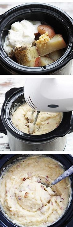 two pictures showing how to make mashed potatoes in the slow cooker