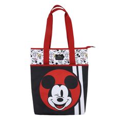 Elevate your outings with this black Disney insulated cooler tote featuring Mickey Mouse's iconic winking face in a bold red circle. This tote blends style with functionality, offering red convertible straps for a touch of flair. The insulated main pocket, zippered opening, and front slip pocket make it perfect for keeping your refreshments cool on the go. Crafted with durable 600D materials, the tote measures 16” h x 15.2” w x 4.25” d, providing ample space for your essentials. Wipe the tote clean effortlessly for easy care, ensuring Mickey's charm stays vibrant. Insulated Cooler Tote, Disney Tote, Convertible Backpack Tote, Winking Face, Cooler Tote Bag, Backpack Tote, Cooler Tote, Convertible Backpack, Mickey Mouse And Friends