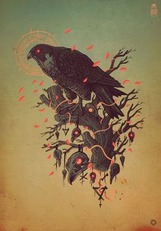 a black bird sitting on top of a tree branch with red lights coming from its eyes