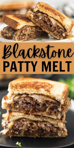 black stone patty melt sandwich cut in half and stacked on top of each other with text overlay